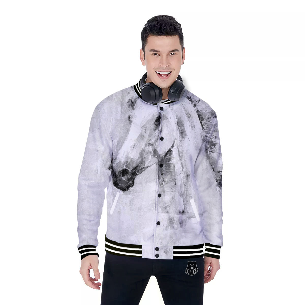 Painting White Horse Print Baseball Jacket-grizzshop