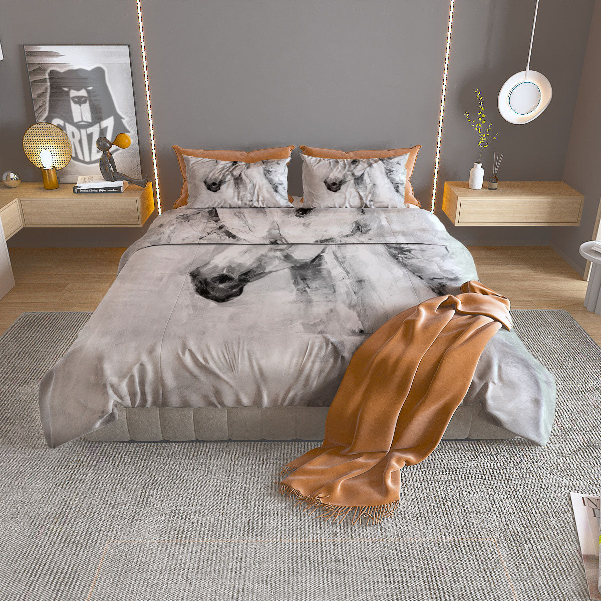 Painting White Horse Print Duvet Cover Bedding Set