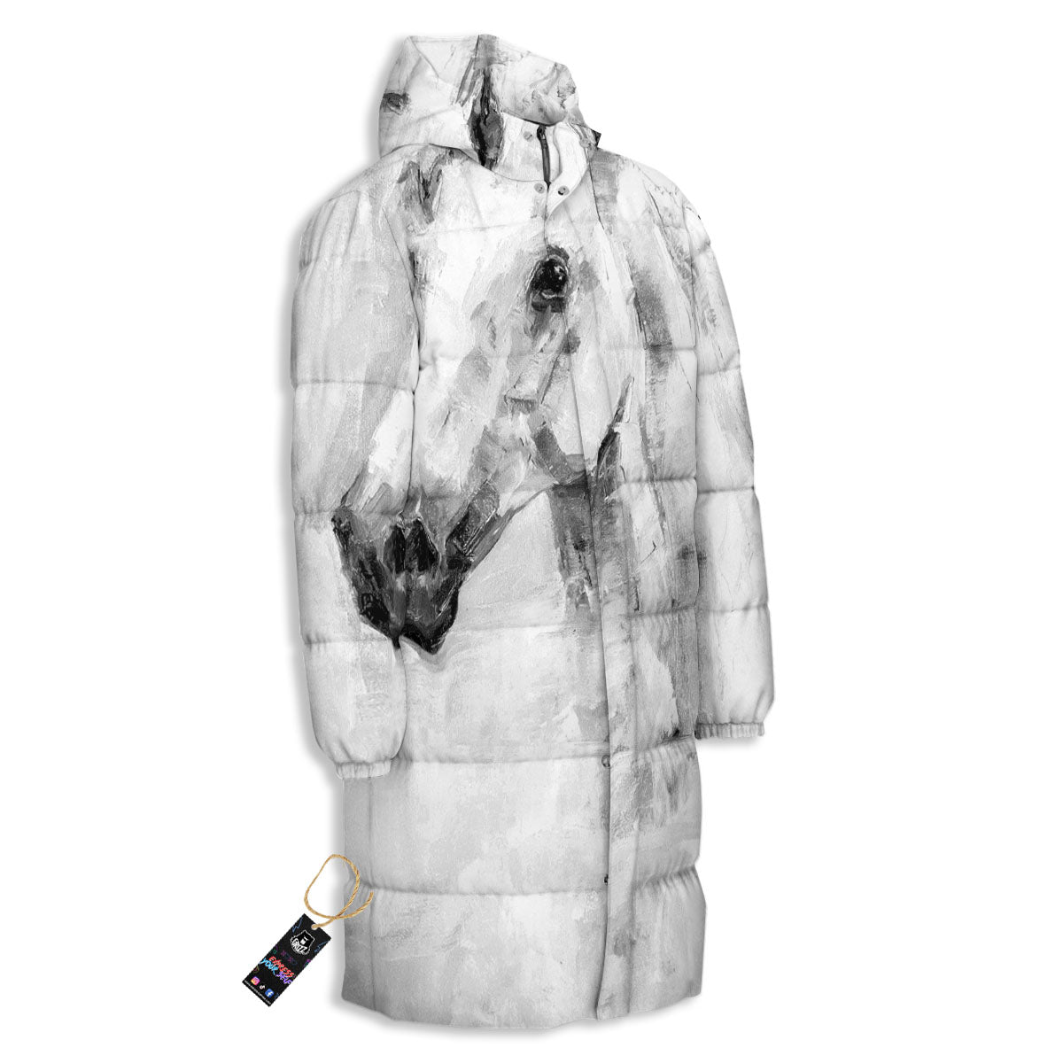 Painting White Horse Print Long Down Jacket-grizzshop