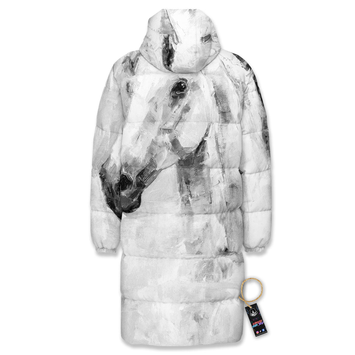 Painting White Horse Print Long Down Jacket-grizzshop