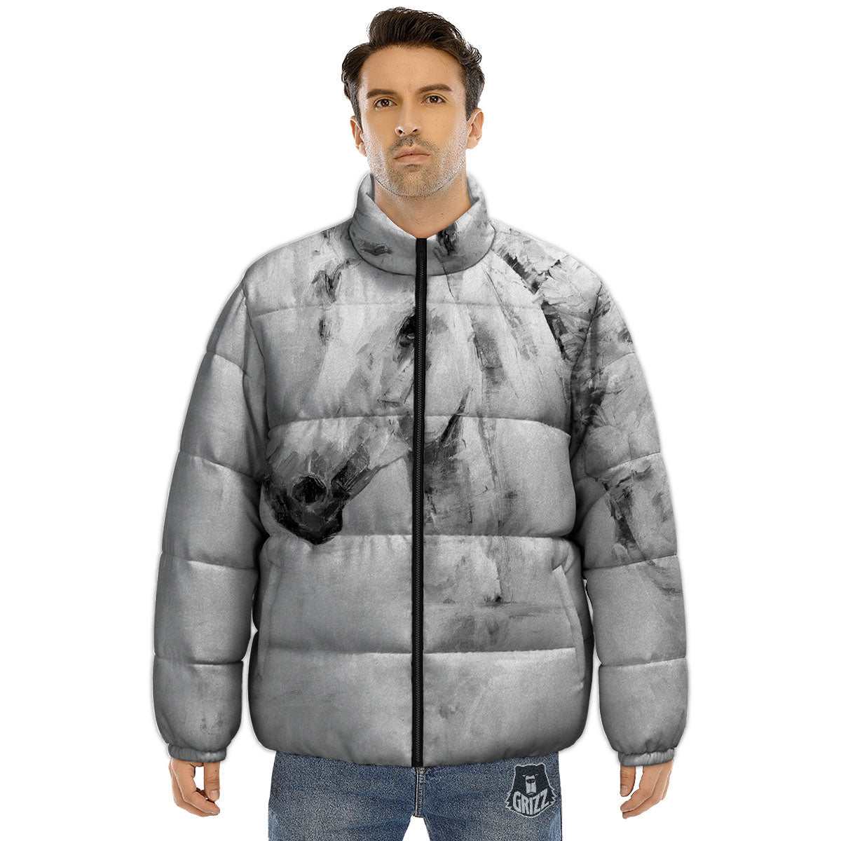 Painting White Horse Print Puffer Jacket-grizzshop