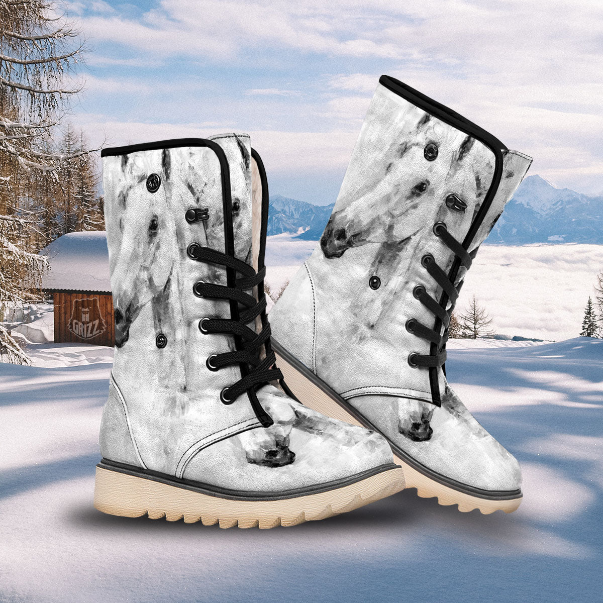 Painting White Horse Print Snow Boots-grizzshop