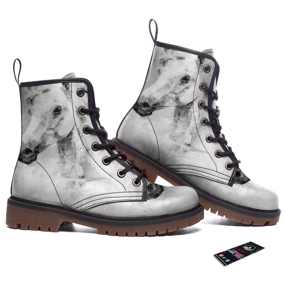 Painting White Horse Print Work Boots-grizzshop