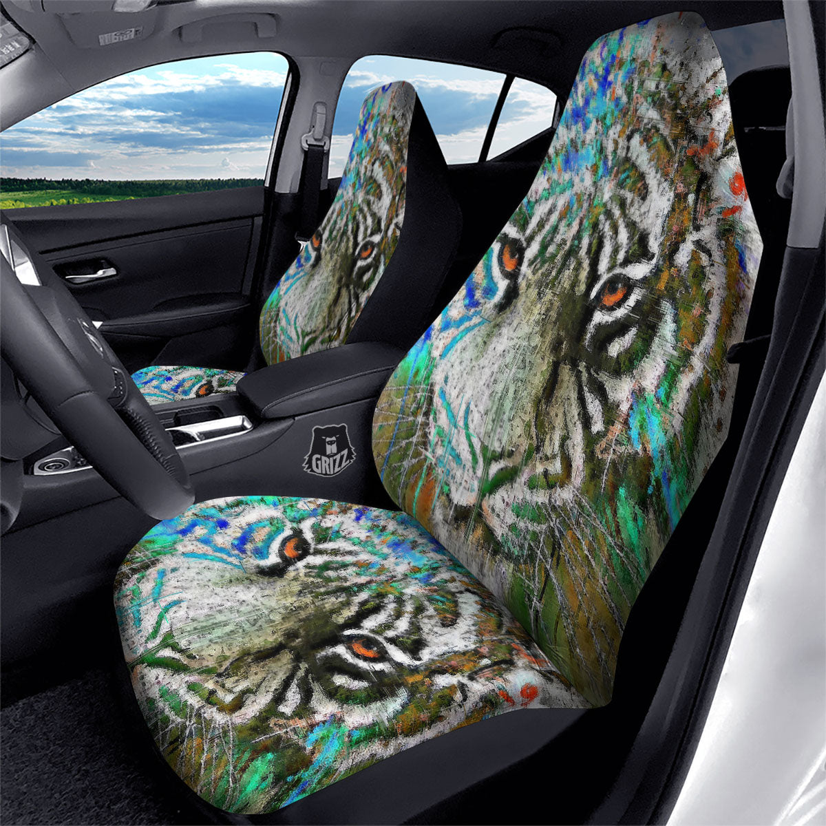 Painting White Tiger Print Car Seat Covers-grizzshop