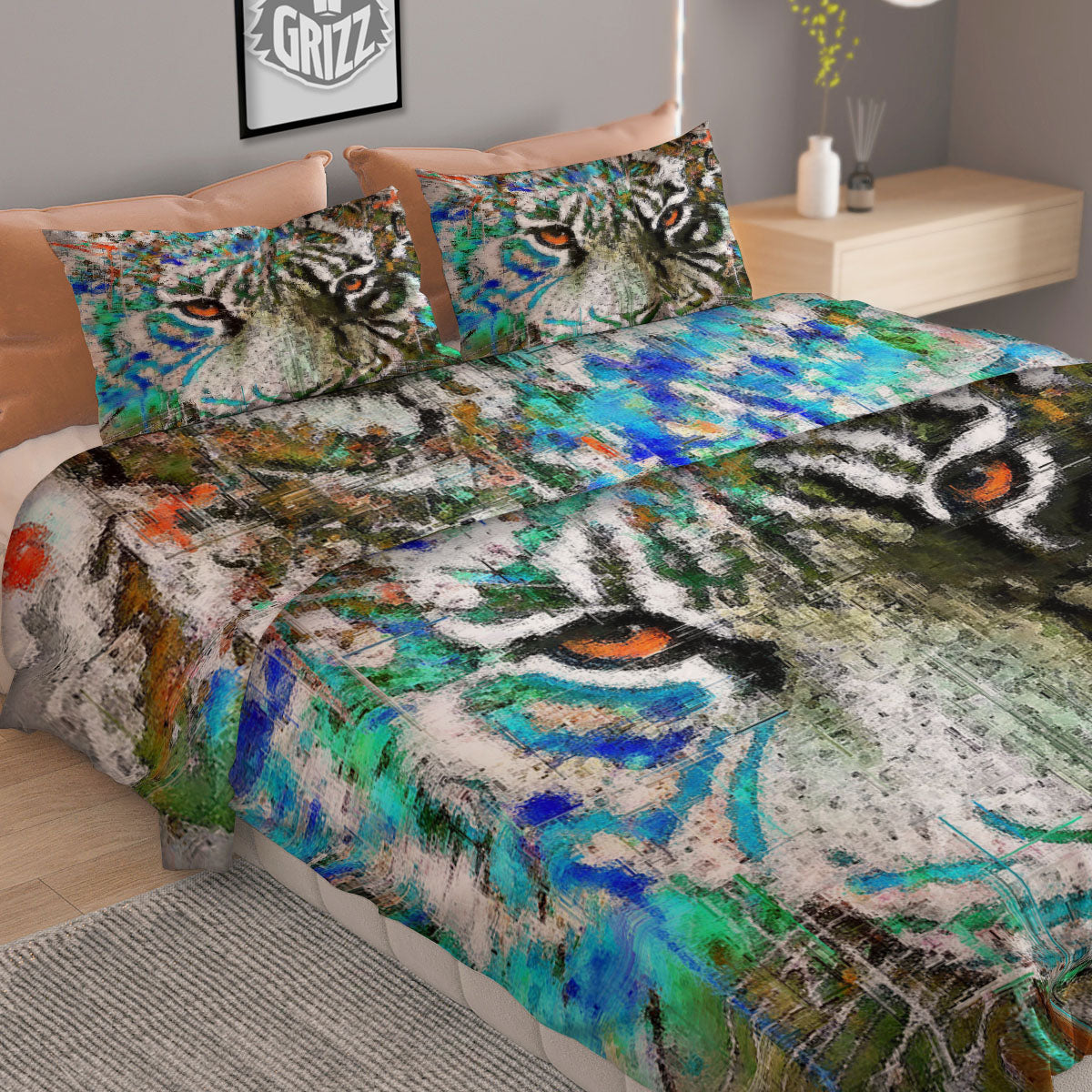 Painting White Tiger Print Duvet Cover Bedding Set