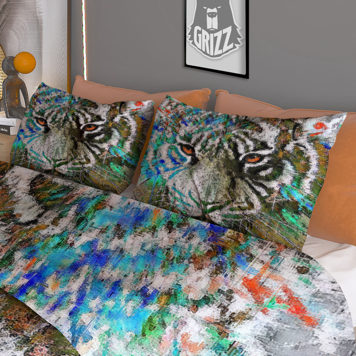 Painting White Tiger Print Duvet Cover Bedding Set