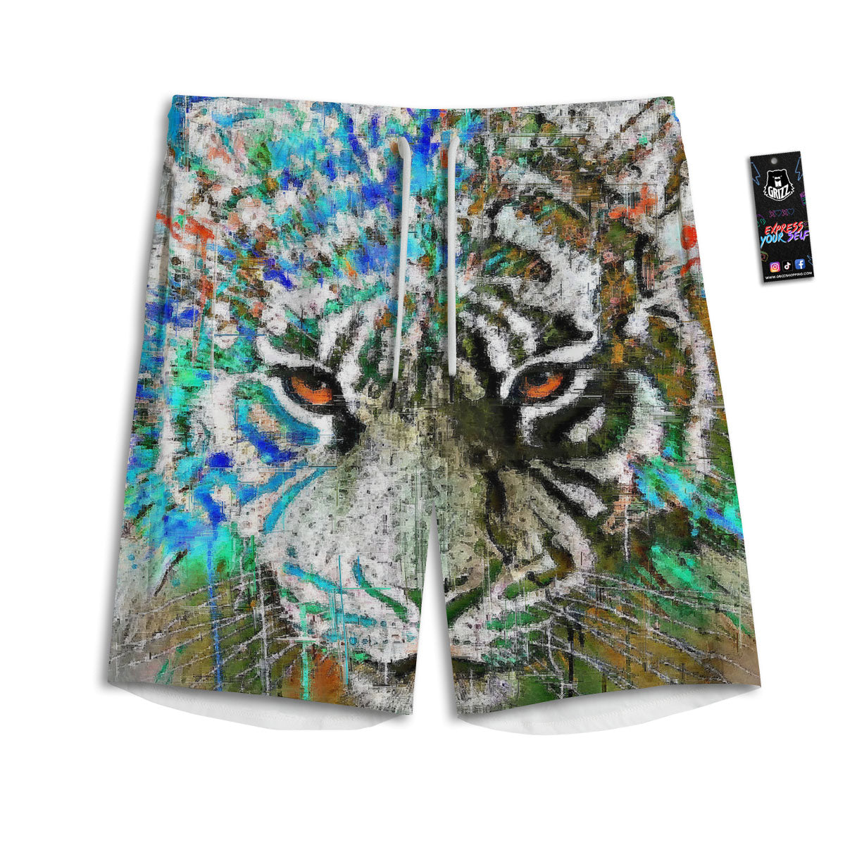 Painting White Tiger Print Men's Athletic Shorts