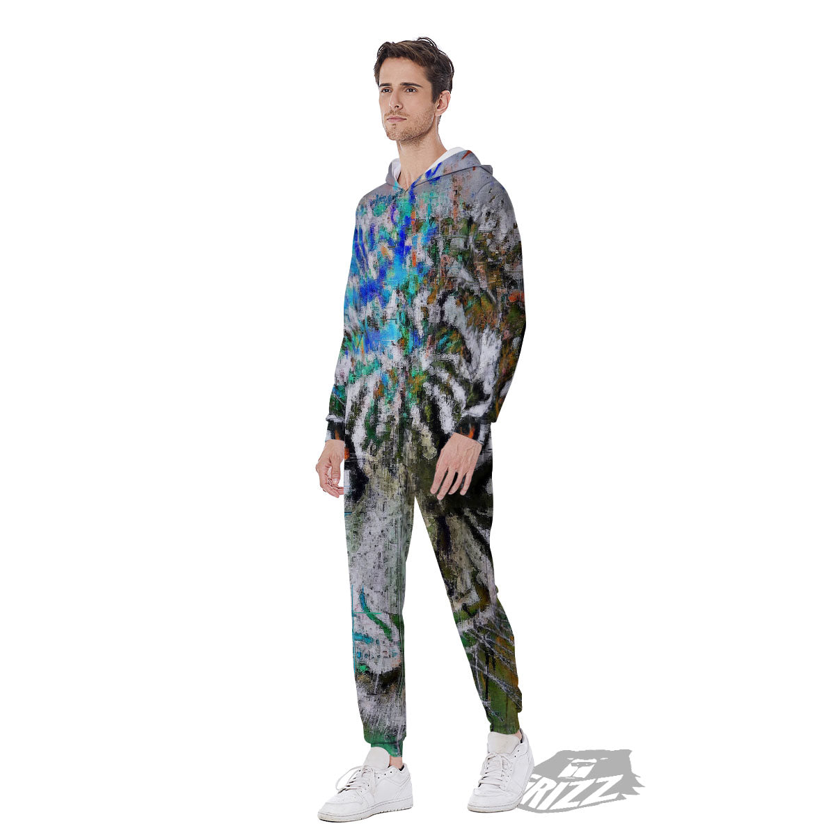 Painting White Tiger Print Men's Jumpsuit-grizzshop