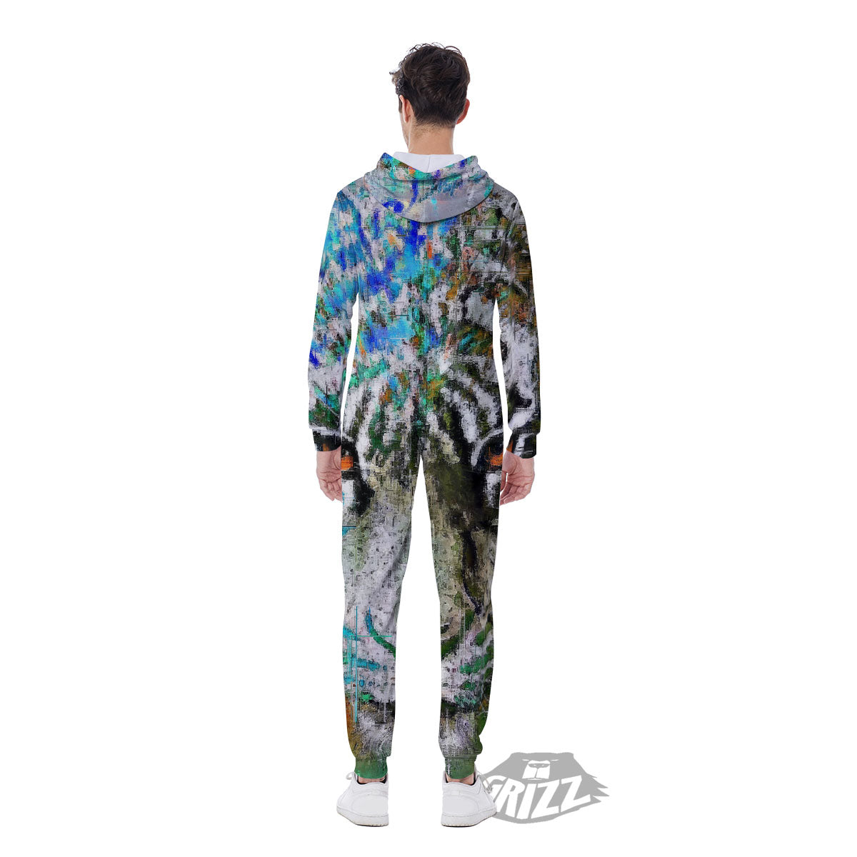 Painting White Tiger Print Men's Jumpsuit-grizzshop