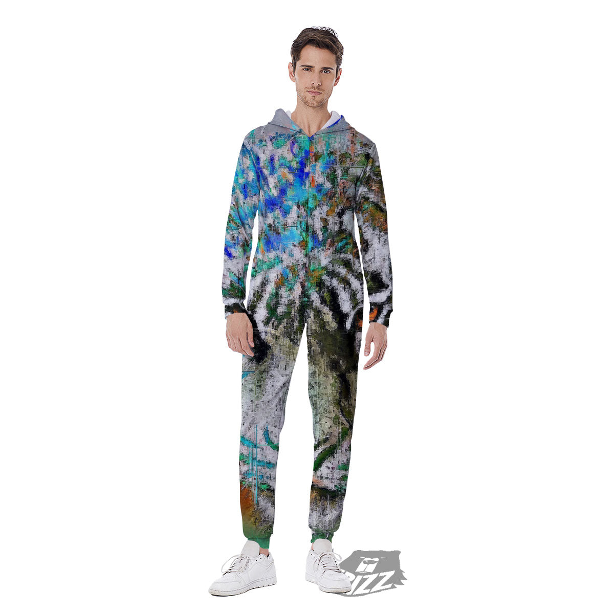 Painting White Tiger Print Men's Jumpsuit-grizzshop