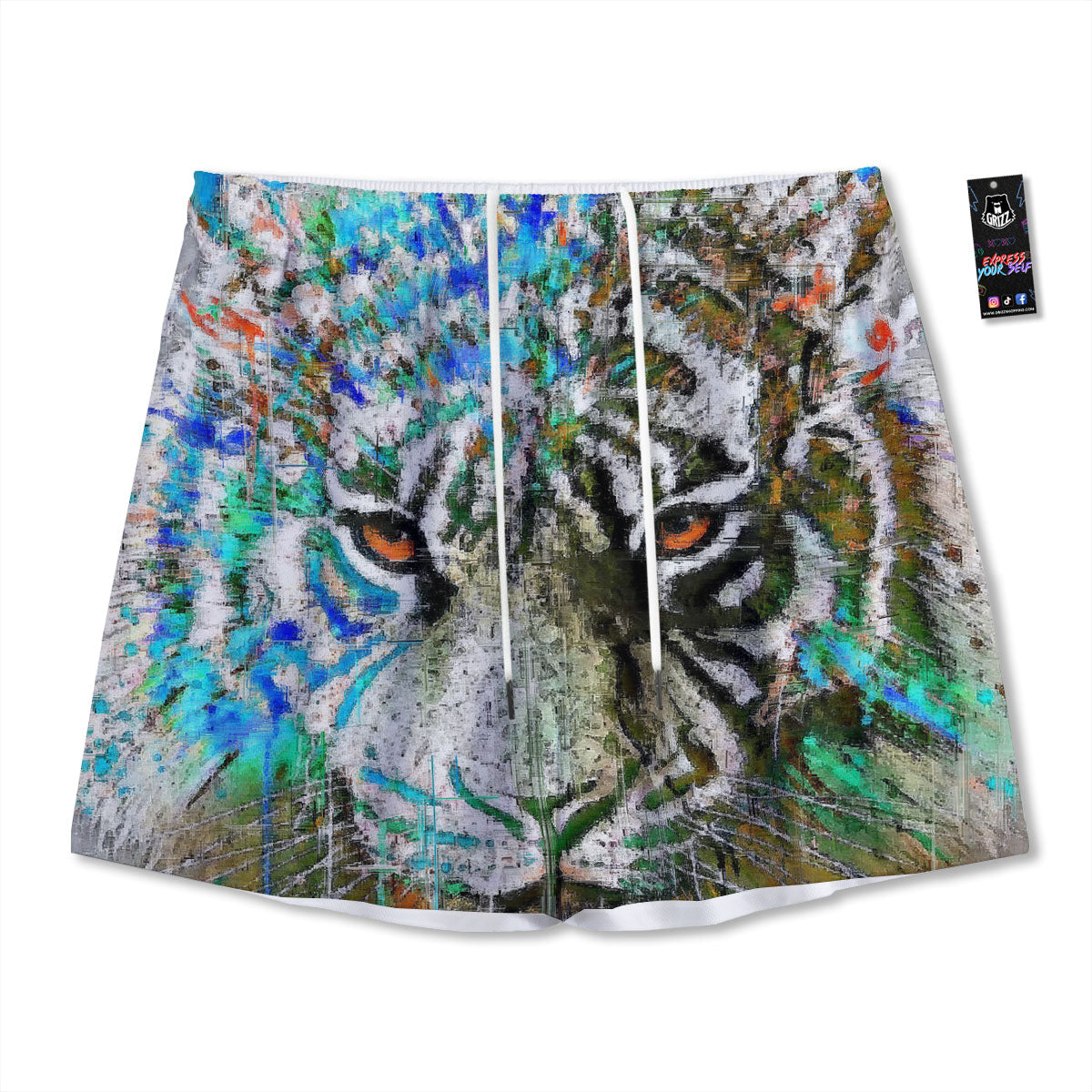 Painting White Tiger Print Mesh Shorts