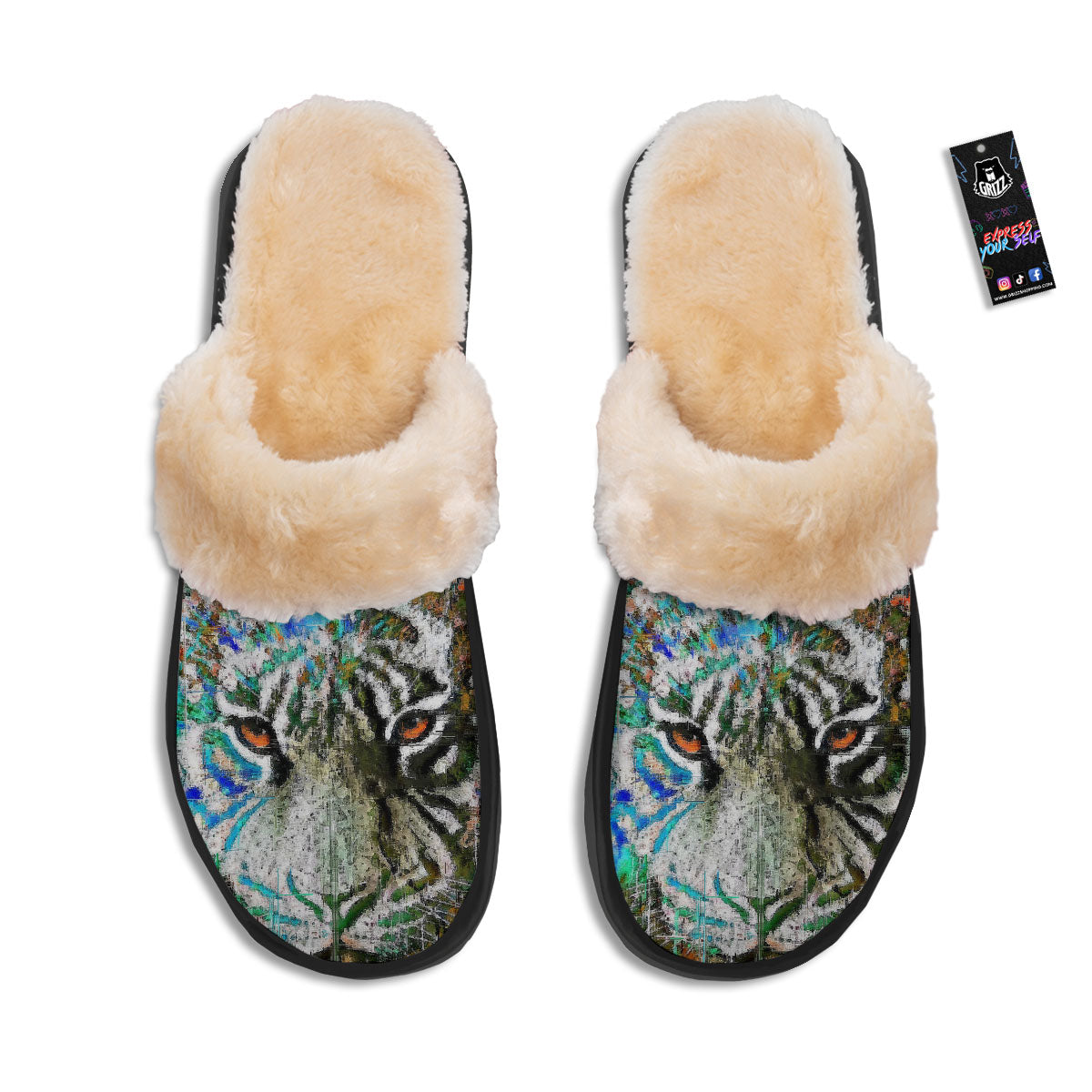 Painting White Tiger Print Slippers-grizzshop