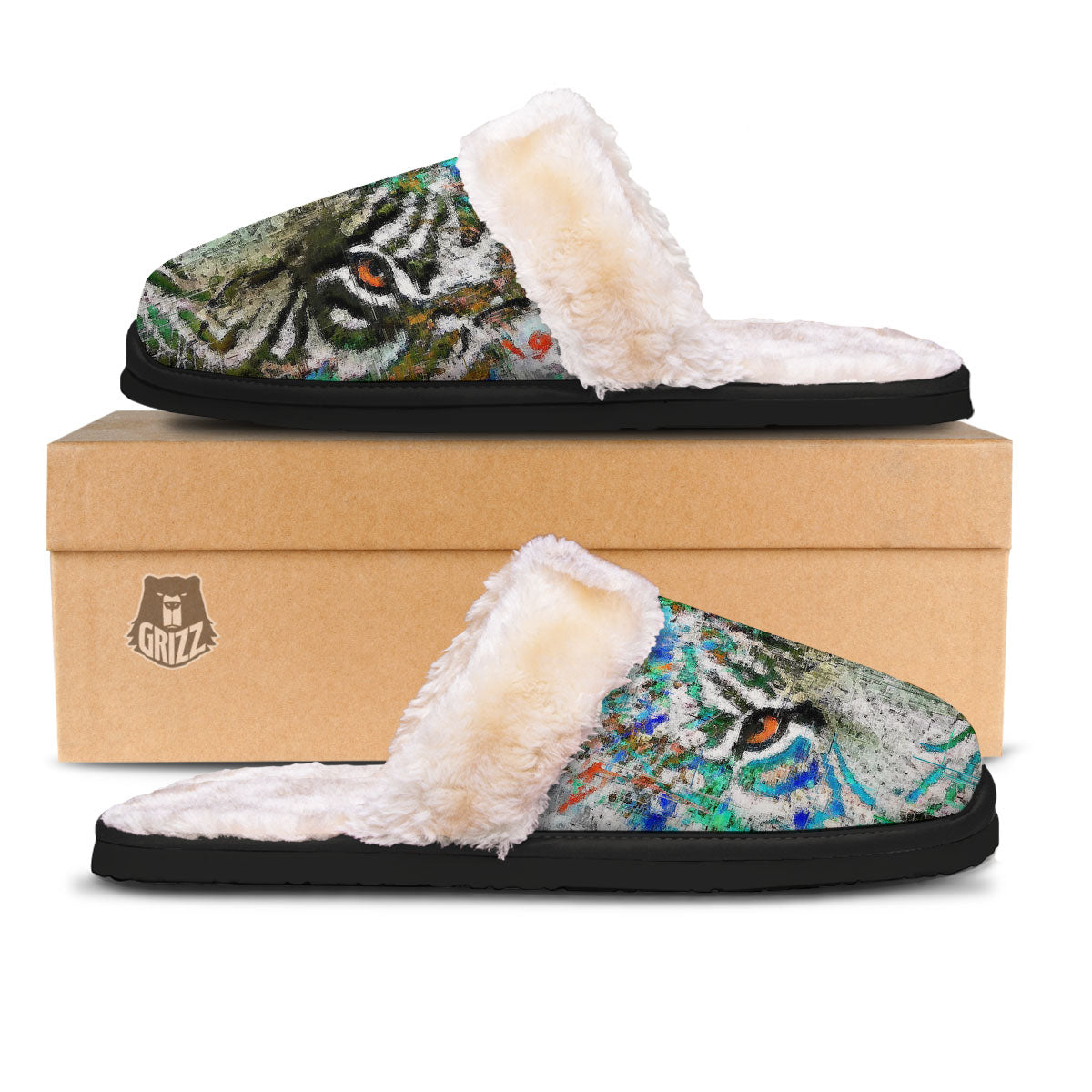Painting White Tiger Print Slippers-grizzshop