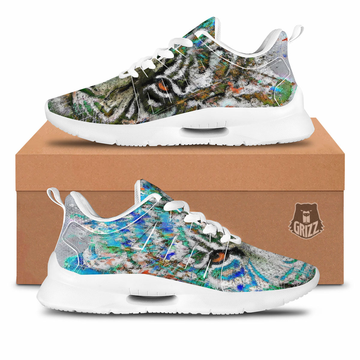 Painting White Tiger Print Tennis Shoes-grizzshop
