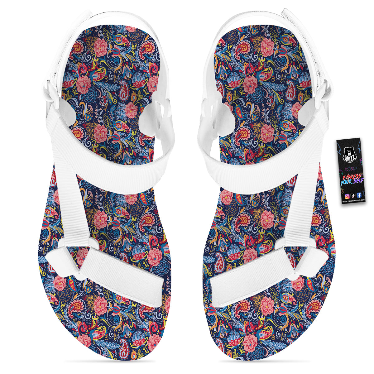 Paisley Art Print Pattern White Open Toe Sandals-grizzshop