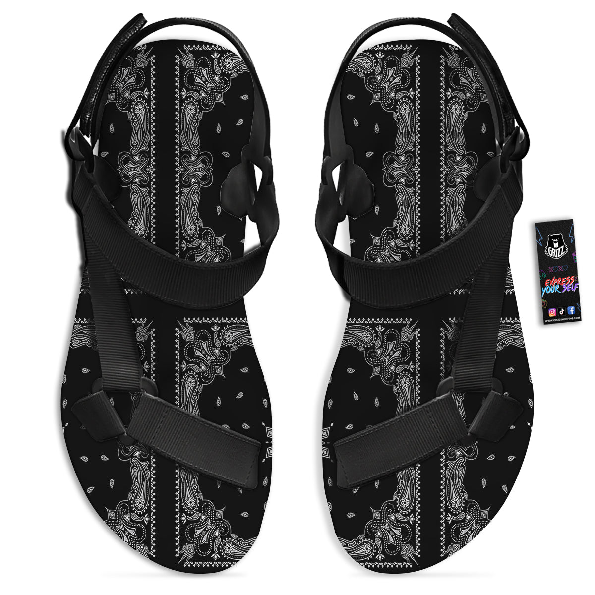 Paisley Bandana Black And White Print Pattern Black Open Toe Sandals-grizzshop