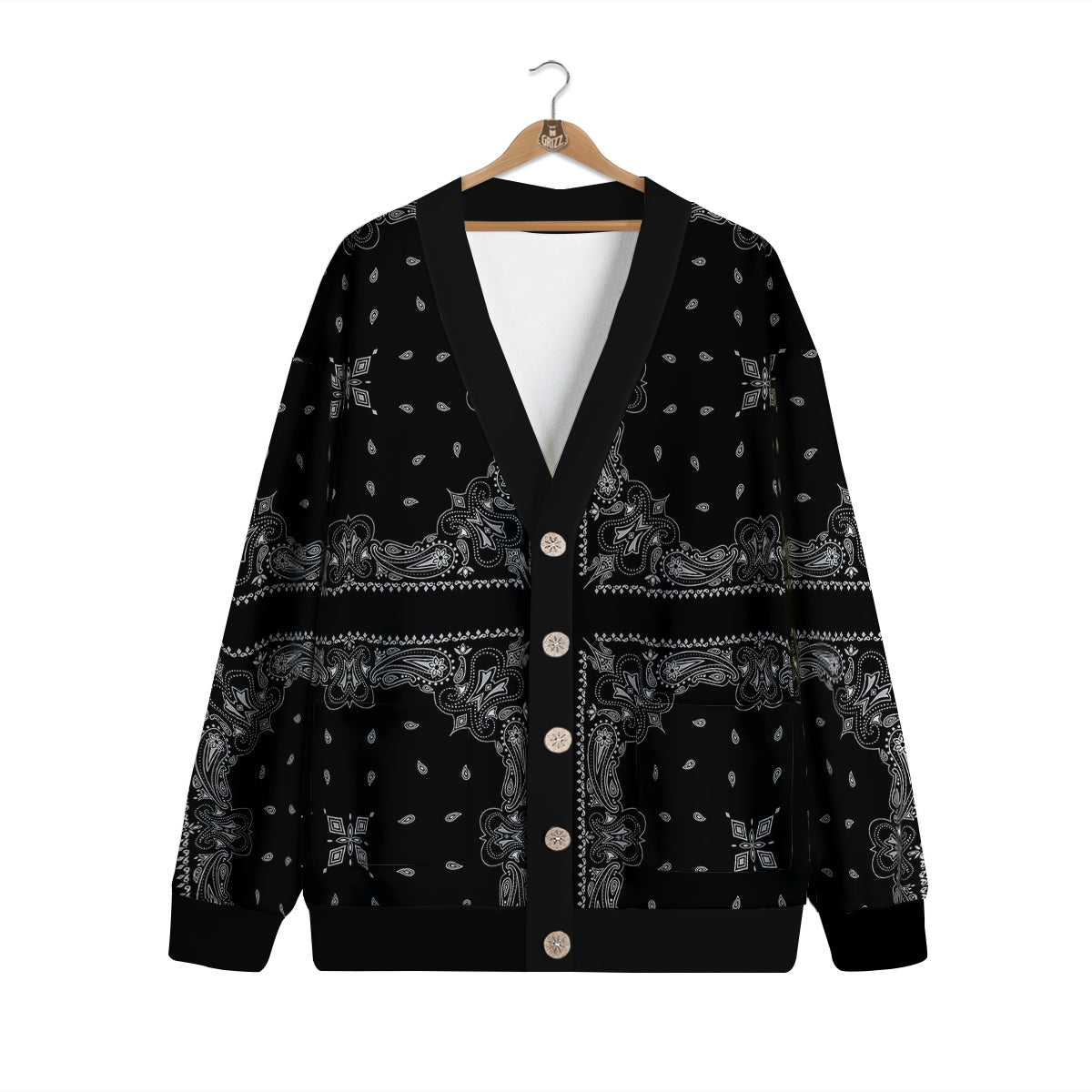 Paisley Bandana Black And White Print Pattern Cardigan-grizzshop