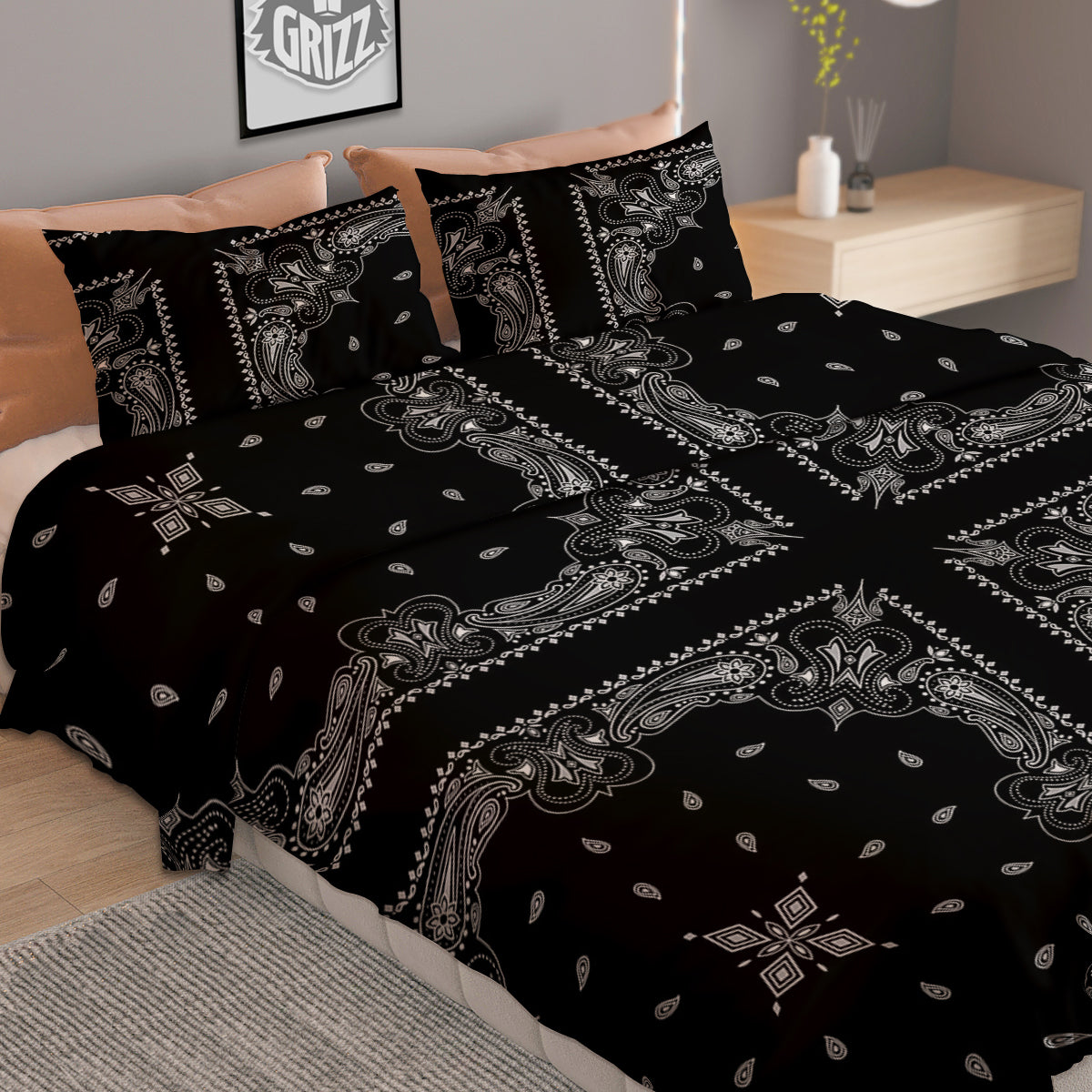 Paisley Bandana Black And White Print Pattern Duvet Cover Bedding Set