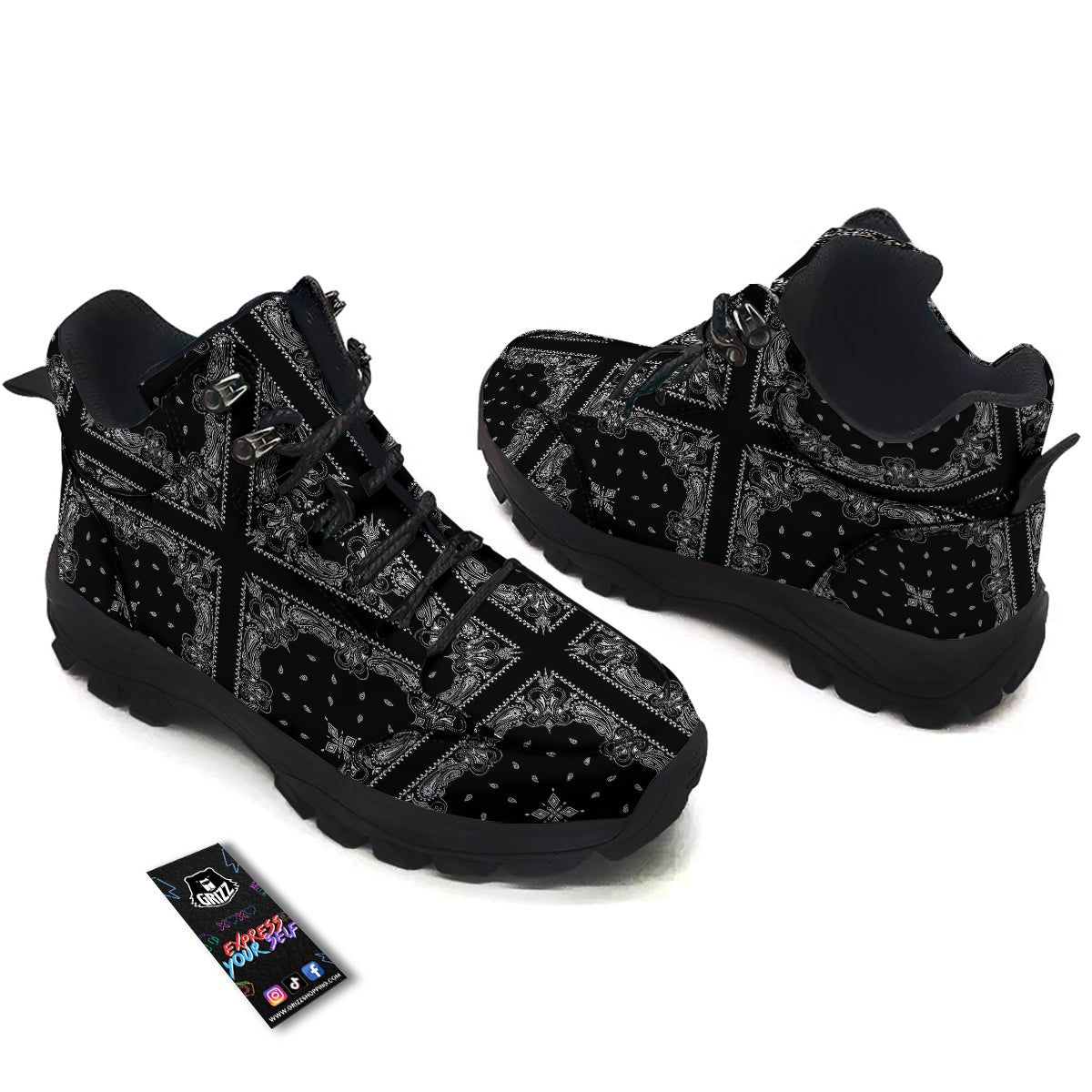 Paisley Bandana Black And White Print Pattern Hiking Shoes-grizzshop