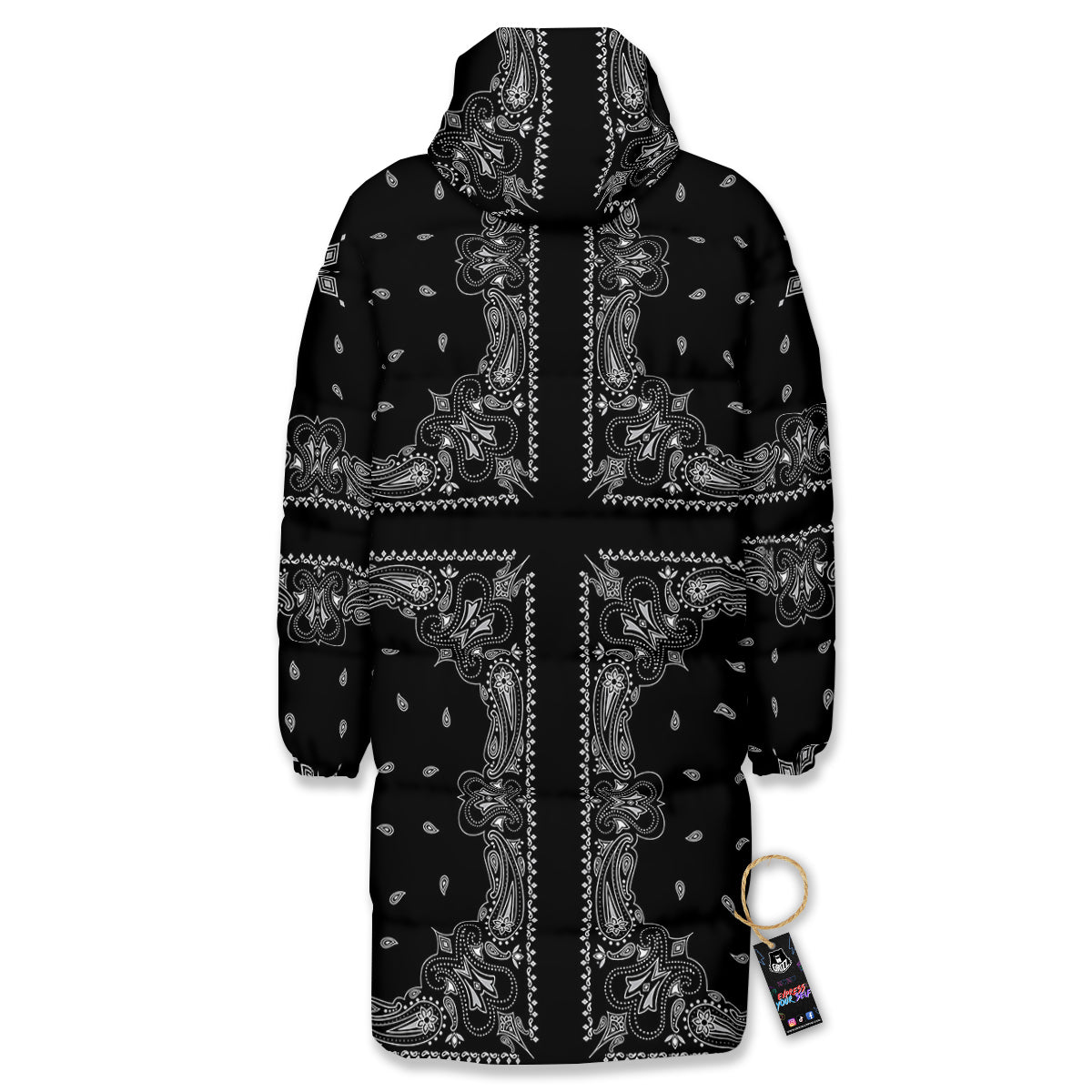 Paisley Bandana Black And White Print Pattern Long Down Jacket-grizzshop