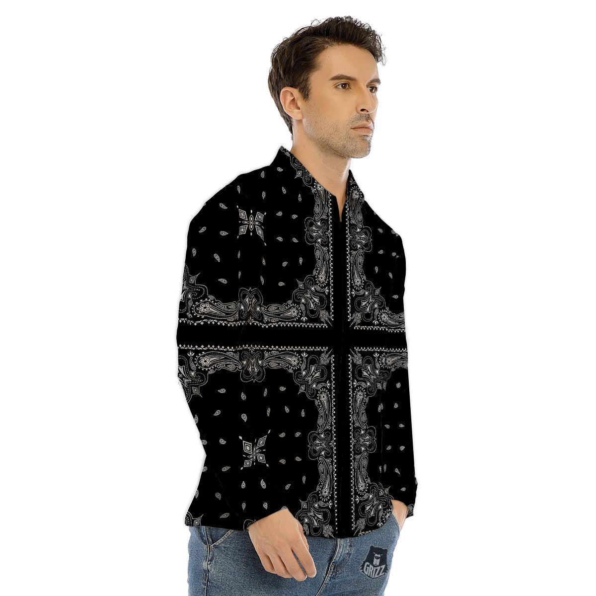 Paisley Bandana Black And White Print Pattern Men's Dress Shirts-grizzshop