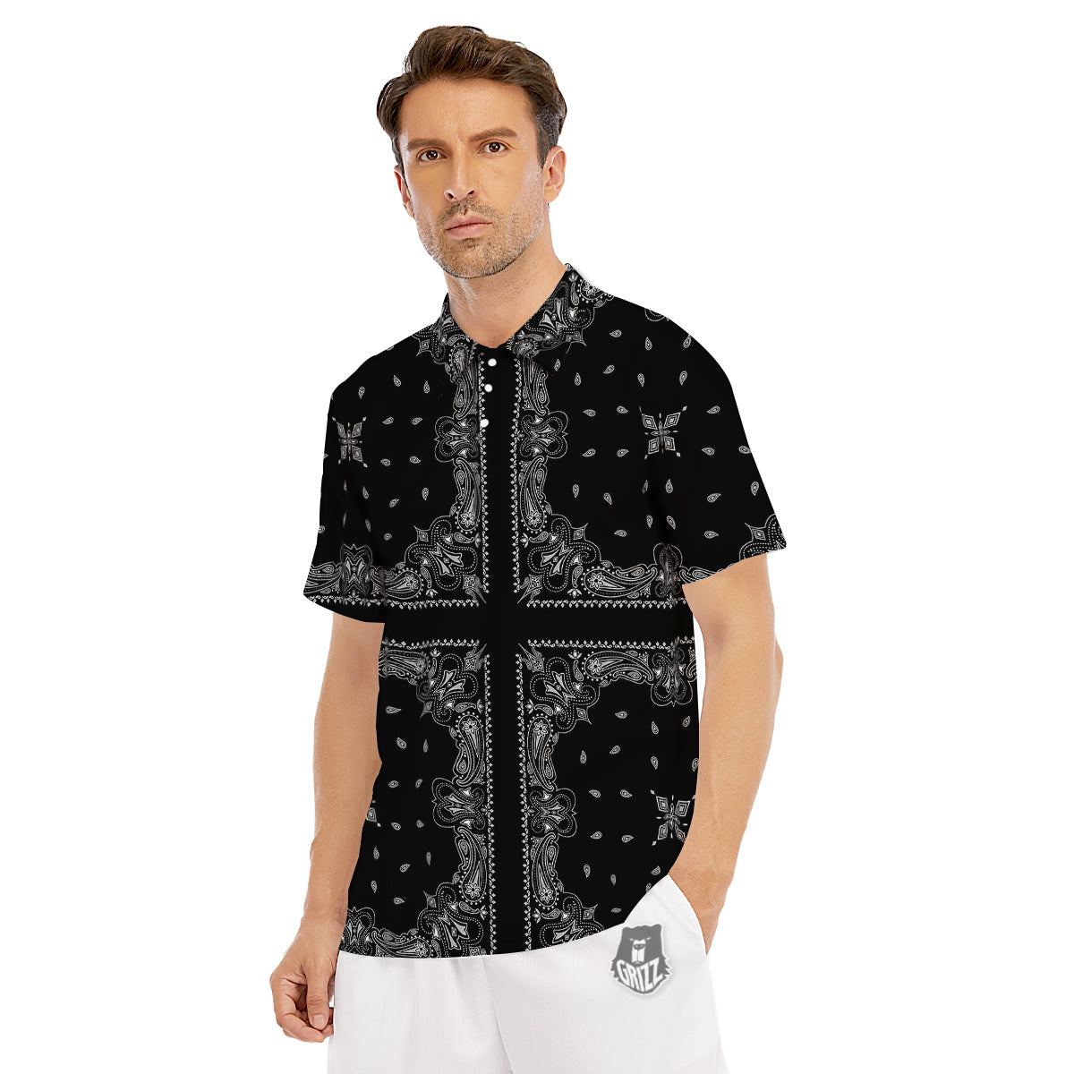 Paisley Bandana Black And White Print Pattern Men's Golf Shirts-grizzshop