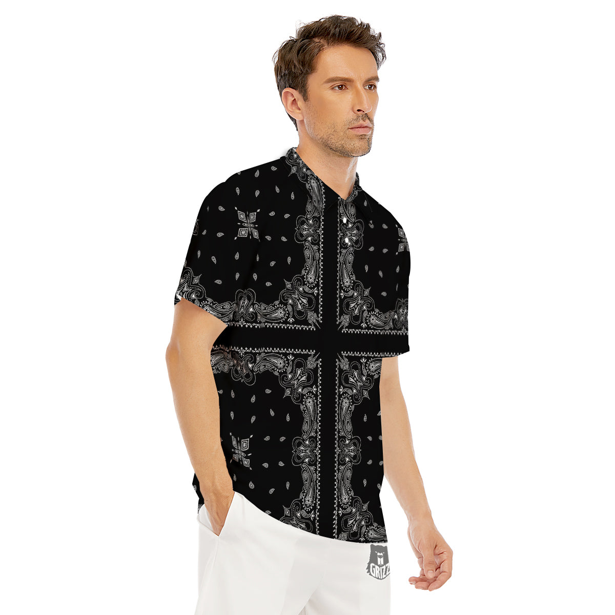Paisley Bandana Black And White Print Pattern Men's Golf Shirts-grizzshop