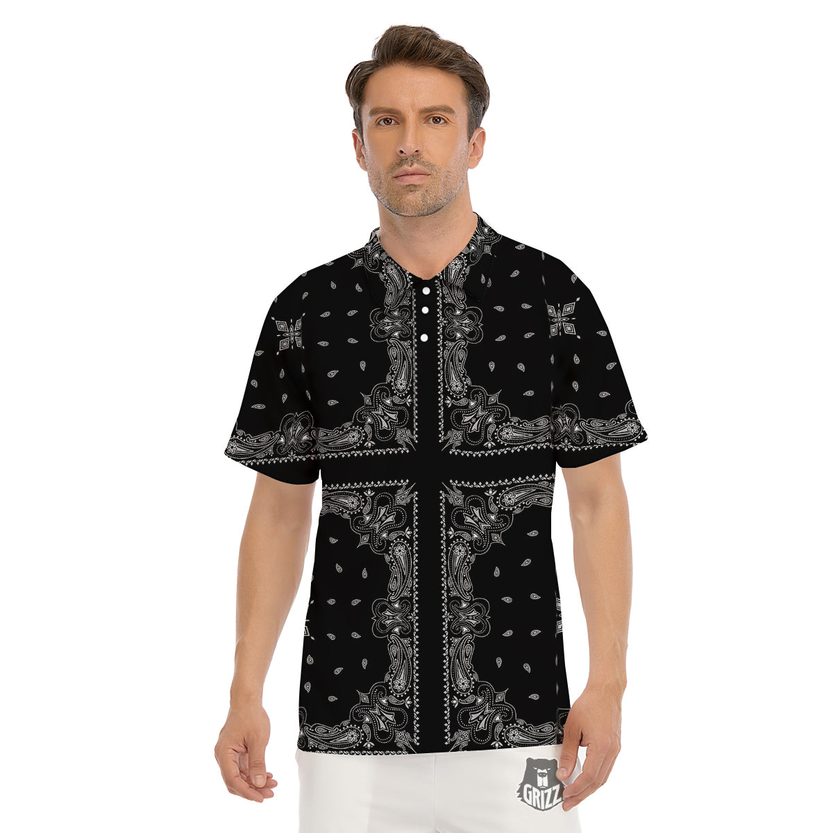 Paisley Bandana Black And White Print Pattern Men's Golf Shirts-grizzshop