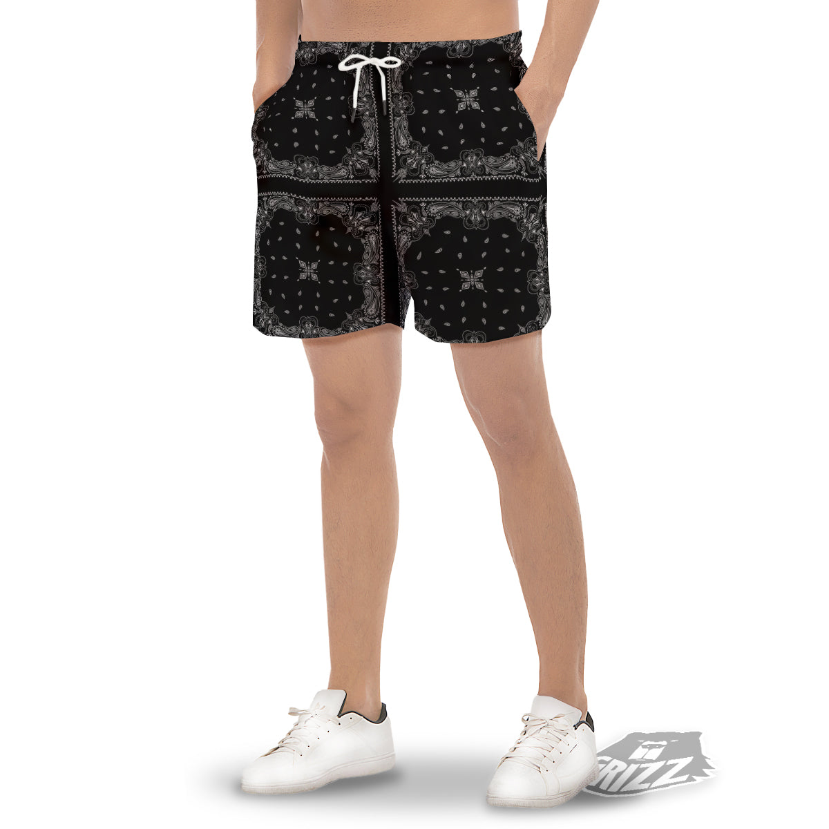 Paisley Bandana Black And White Print Pattern Men's Gym Shorts-grizzshop