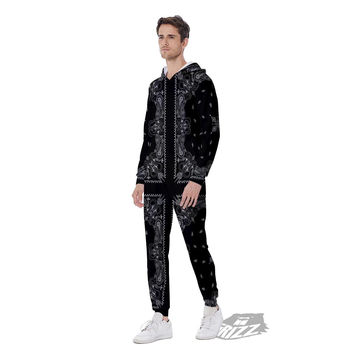 Paisley Bandana Black And White Print Pattern Men's Jumpsuit-grizzshop