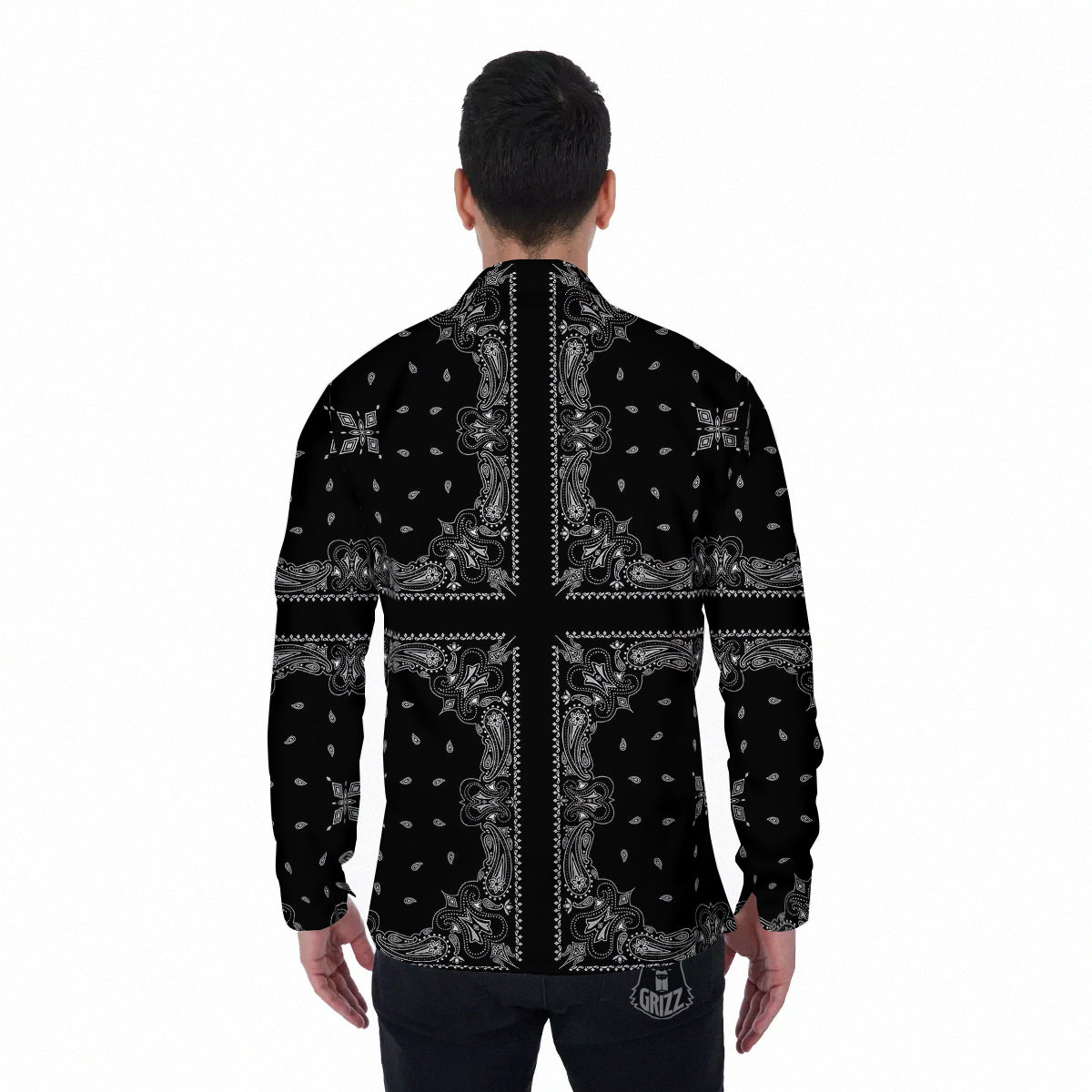 Paisley Bandana Black And White Print Pattern Men's Long Sleeve Shirts-grizzshop