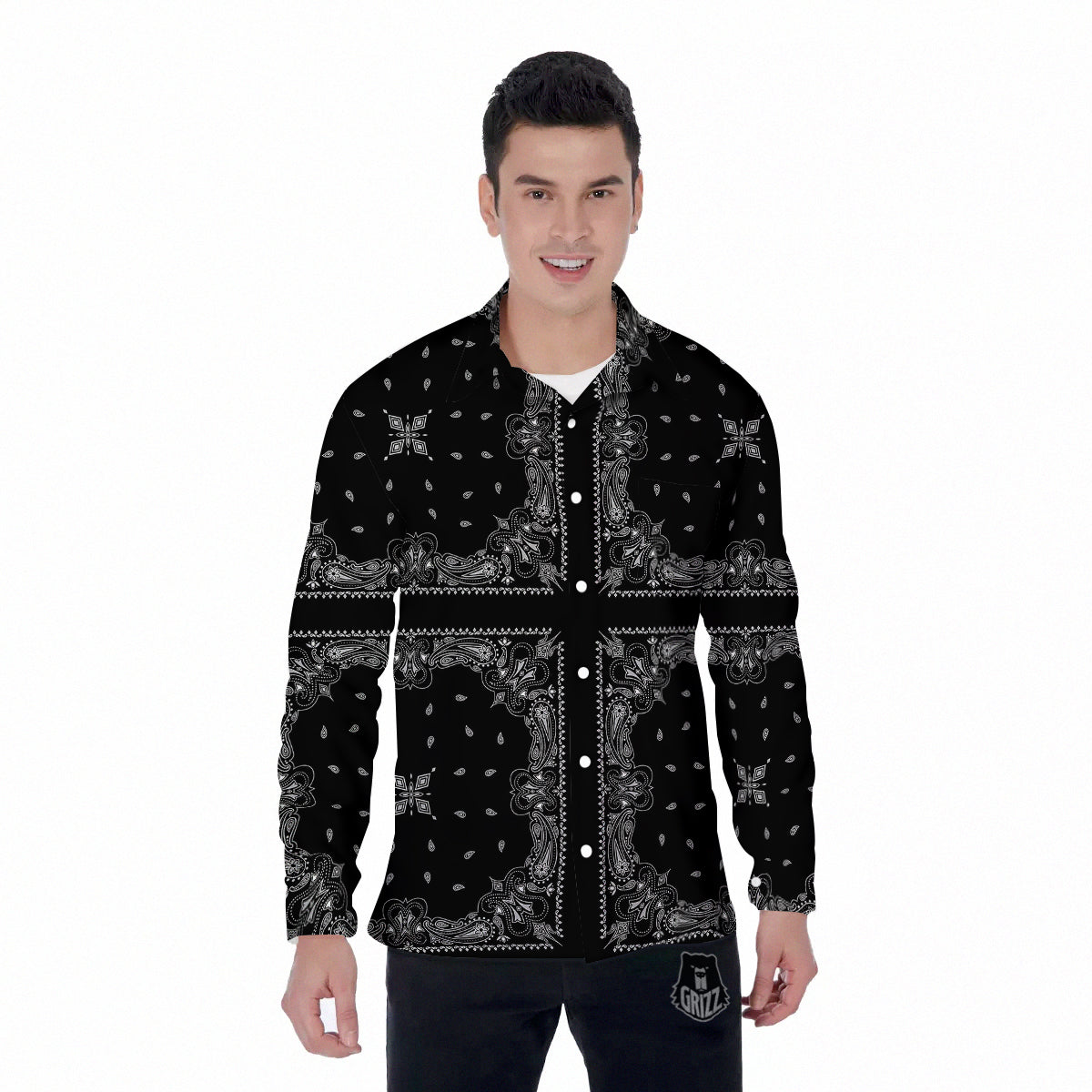 Paisley Bandana Black And White Print Pattern Men's Long Sleeve Shirts-grizzshop