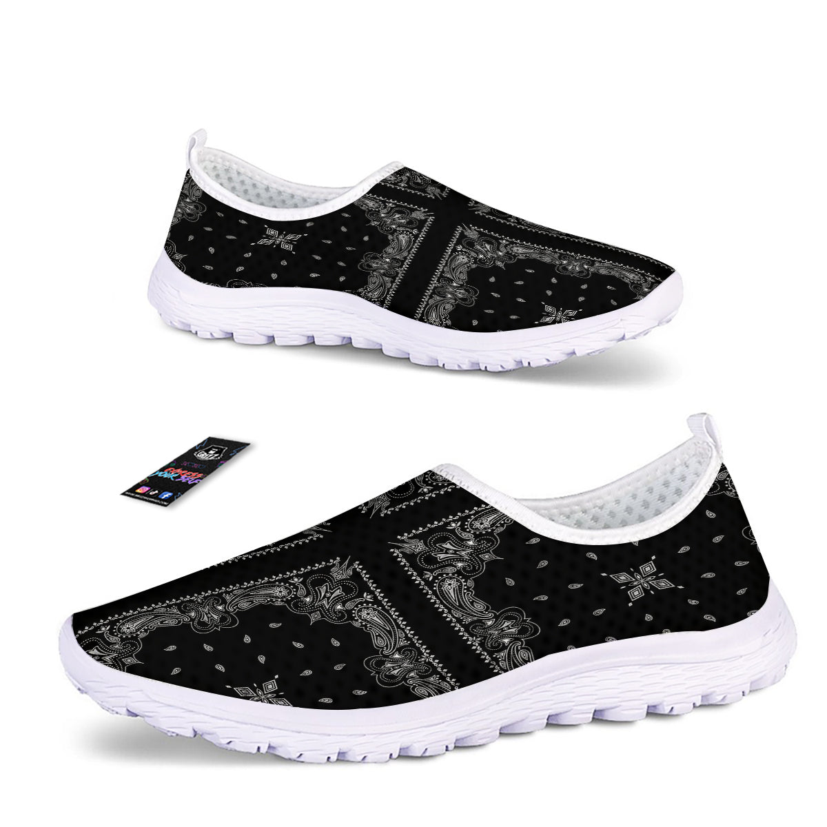 Paisley Bandana Black And White Print Pattern Nurse Shoes-grizzshop