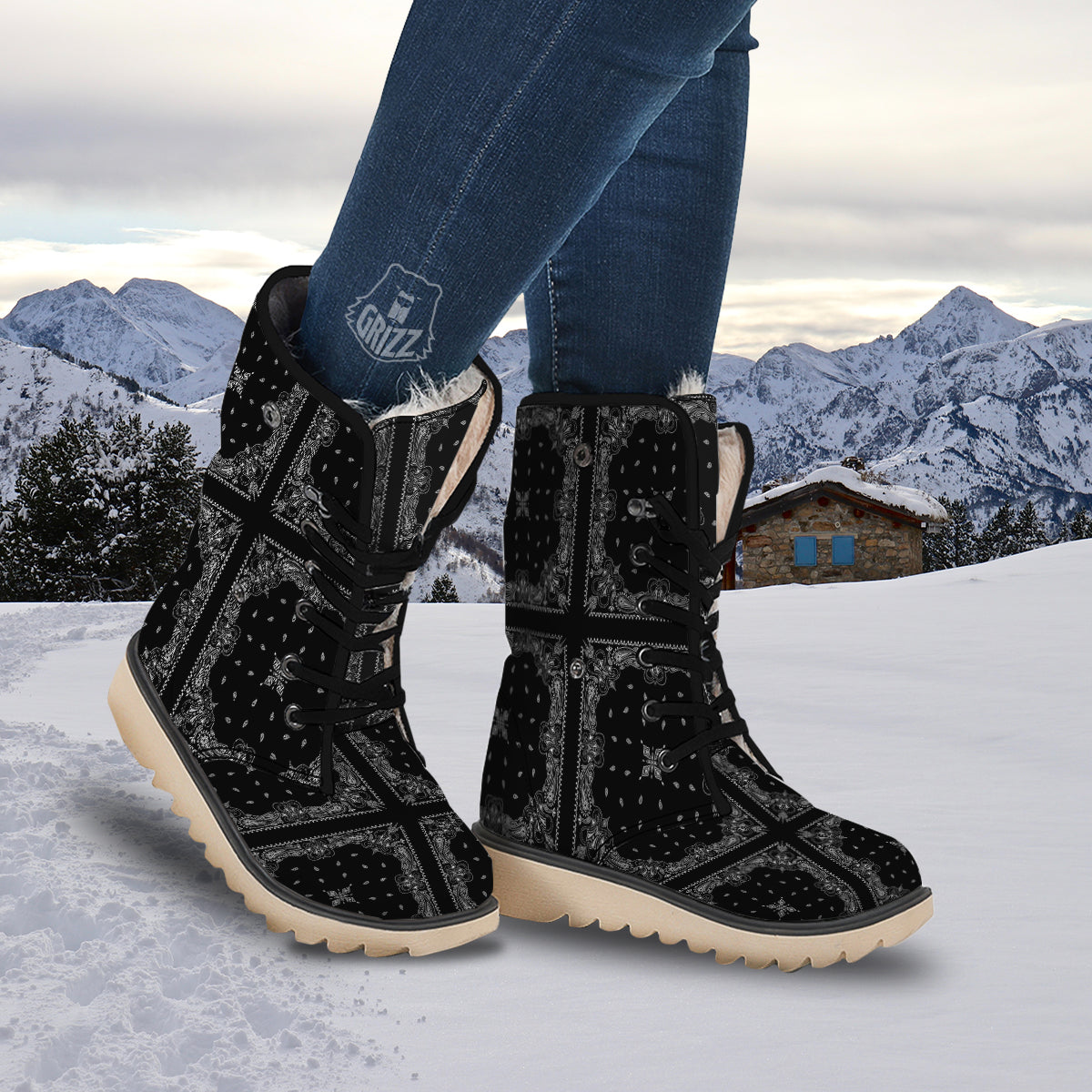Paisley Bandana Black And White Print Pattern Snow Boots-grizzshop