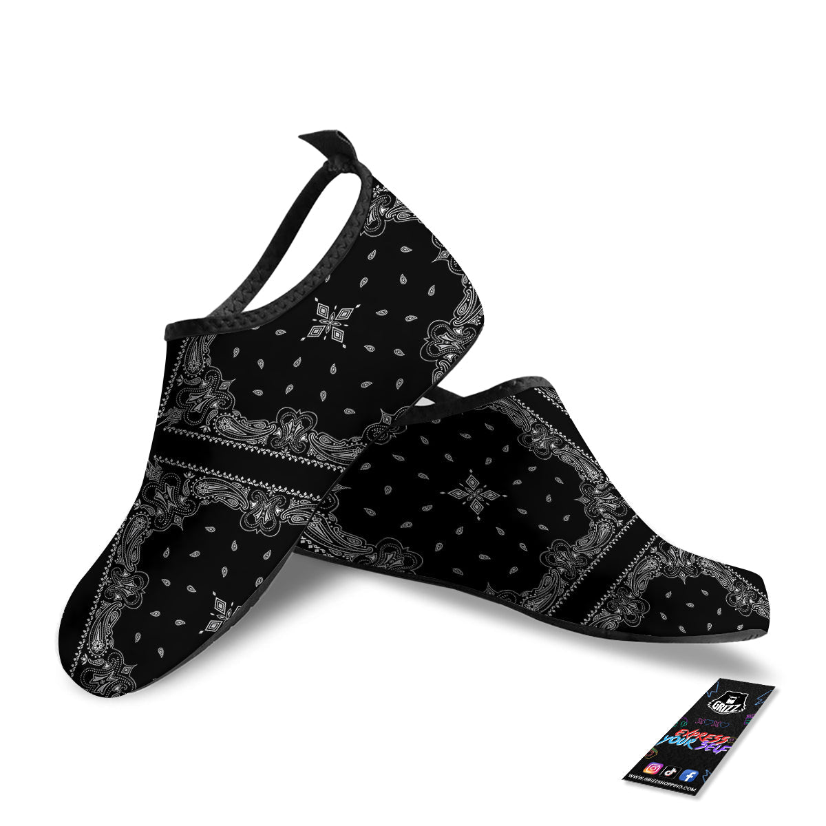 Paisley Bandana Black And White Print Pattern Water Shoes-grizzshop