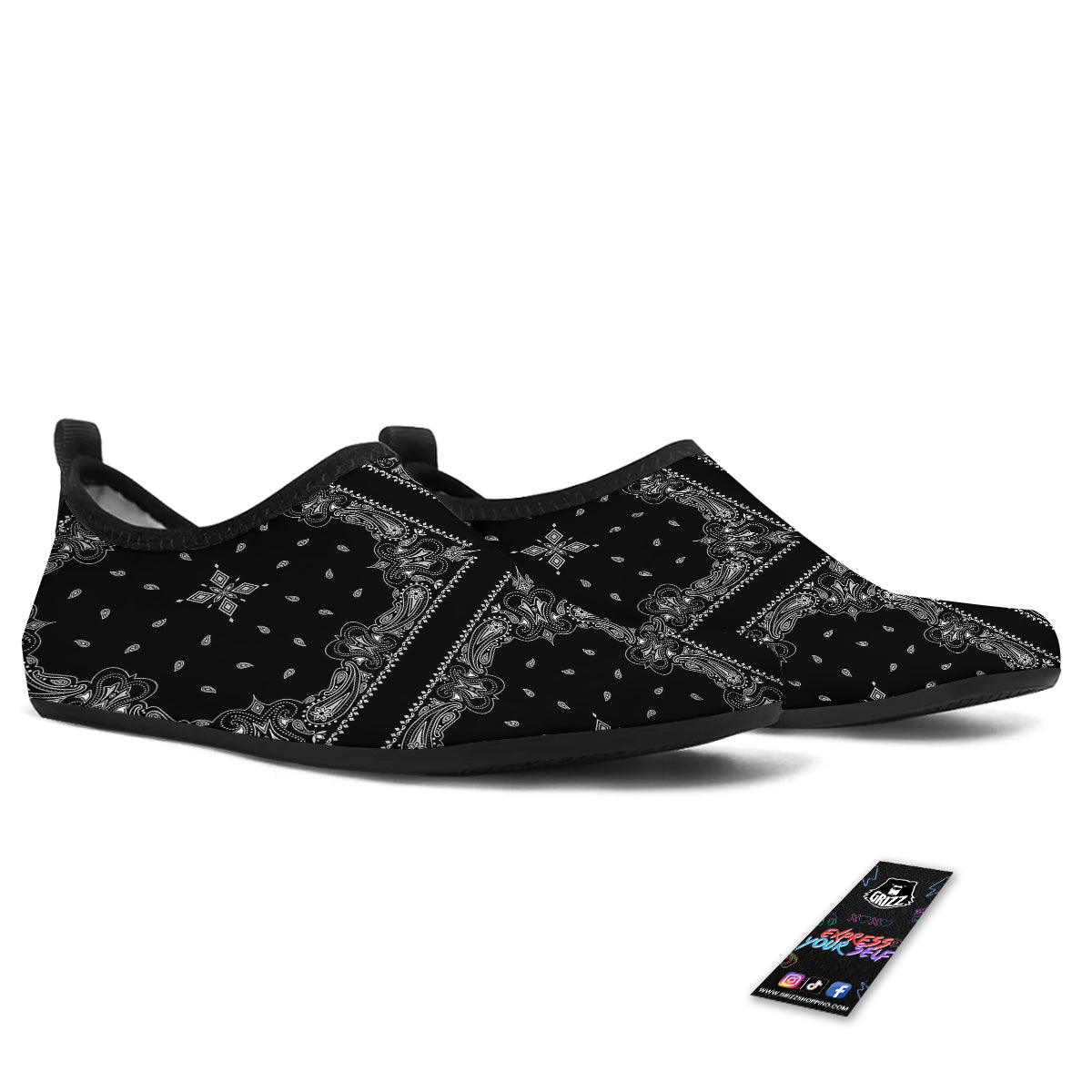 Paisley Bandana Black And White Print Pattern Water Shoes-grizzshop