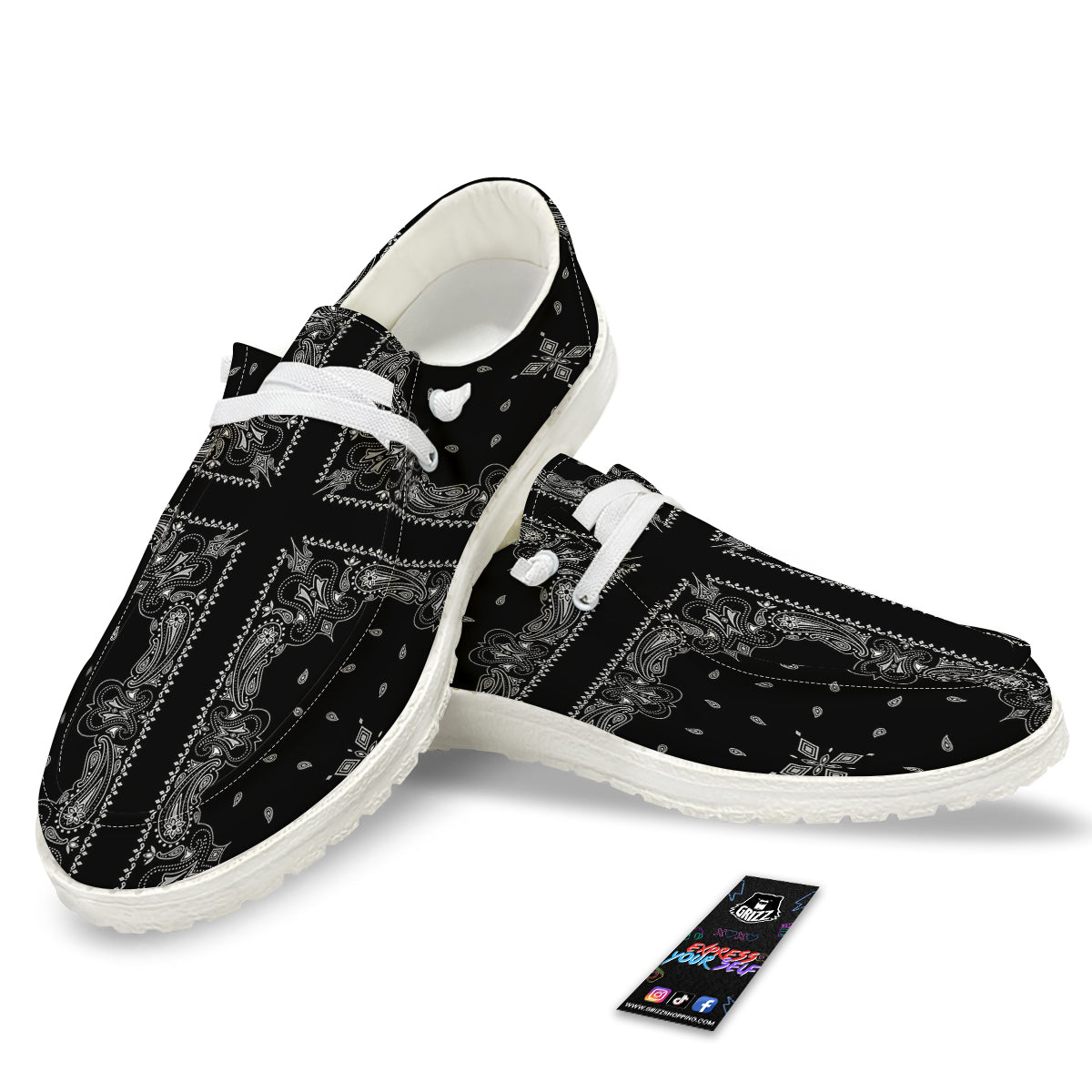 Paisley Bandana Black And White Print Pattern White Loafers-grizzshop
