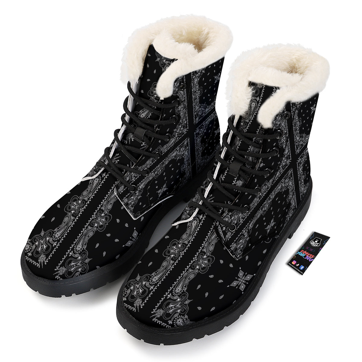 Paisley Bandana Black And White Print Pattern Winter Boots-grizzshop