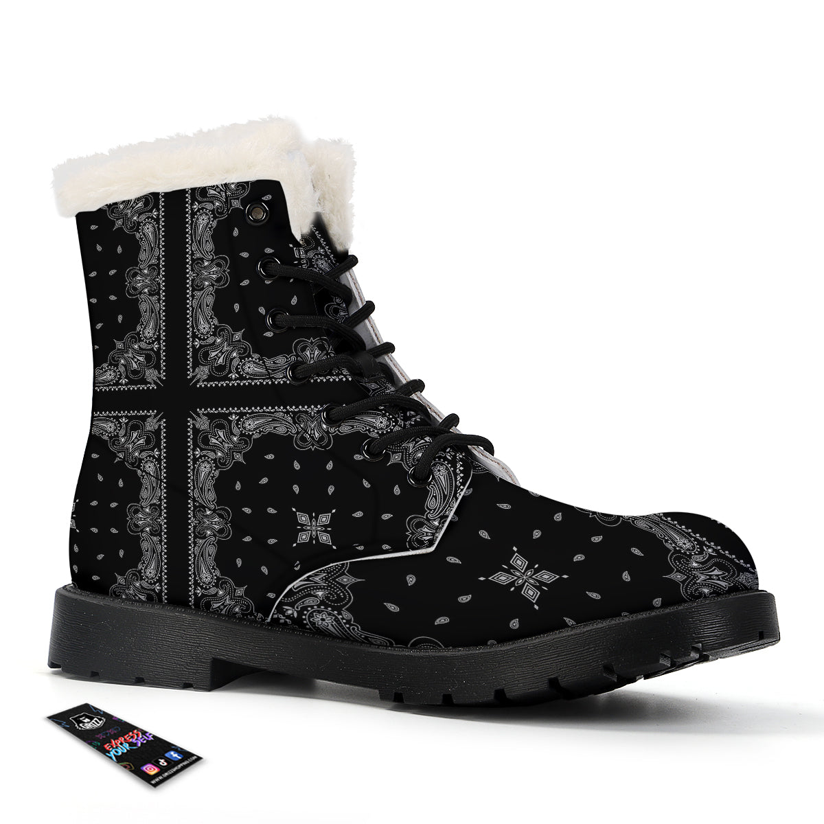 Paisley Bandana Black And White Print Pattern Winter Boots-grizzshop