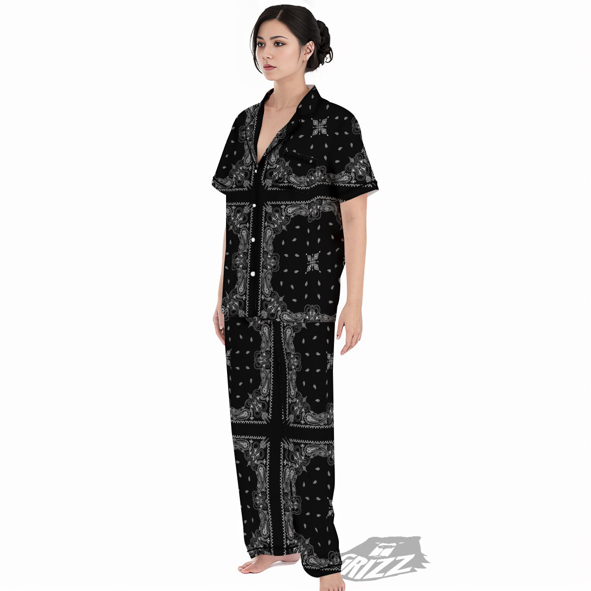 Paisley Bandana Black And White Print Pattern Women's Pajamas Set-grizzshop