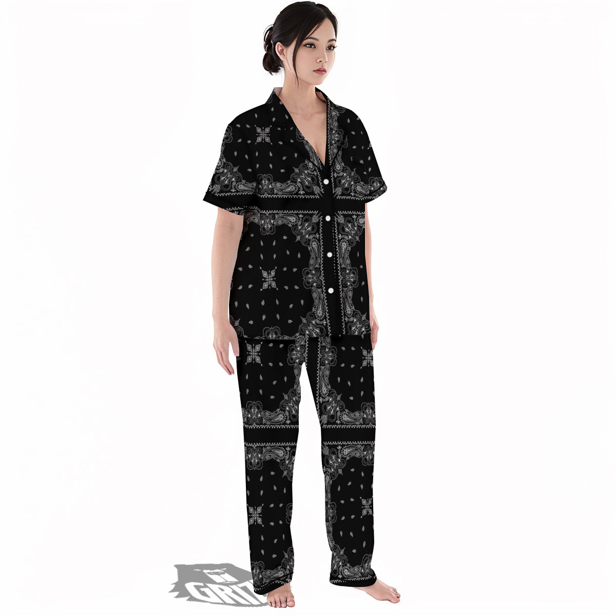 Paisley Bandana Black And White Print Pattern Women's Pajamas Set-grizzshop
