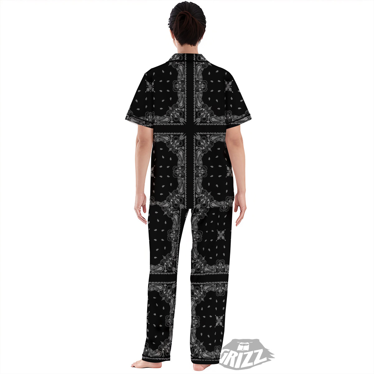 Paisley Bandana Black And White Print Pattern Women's Pajamas Set-grizzshop