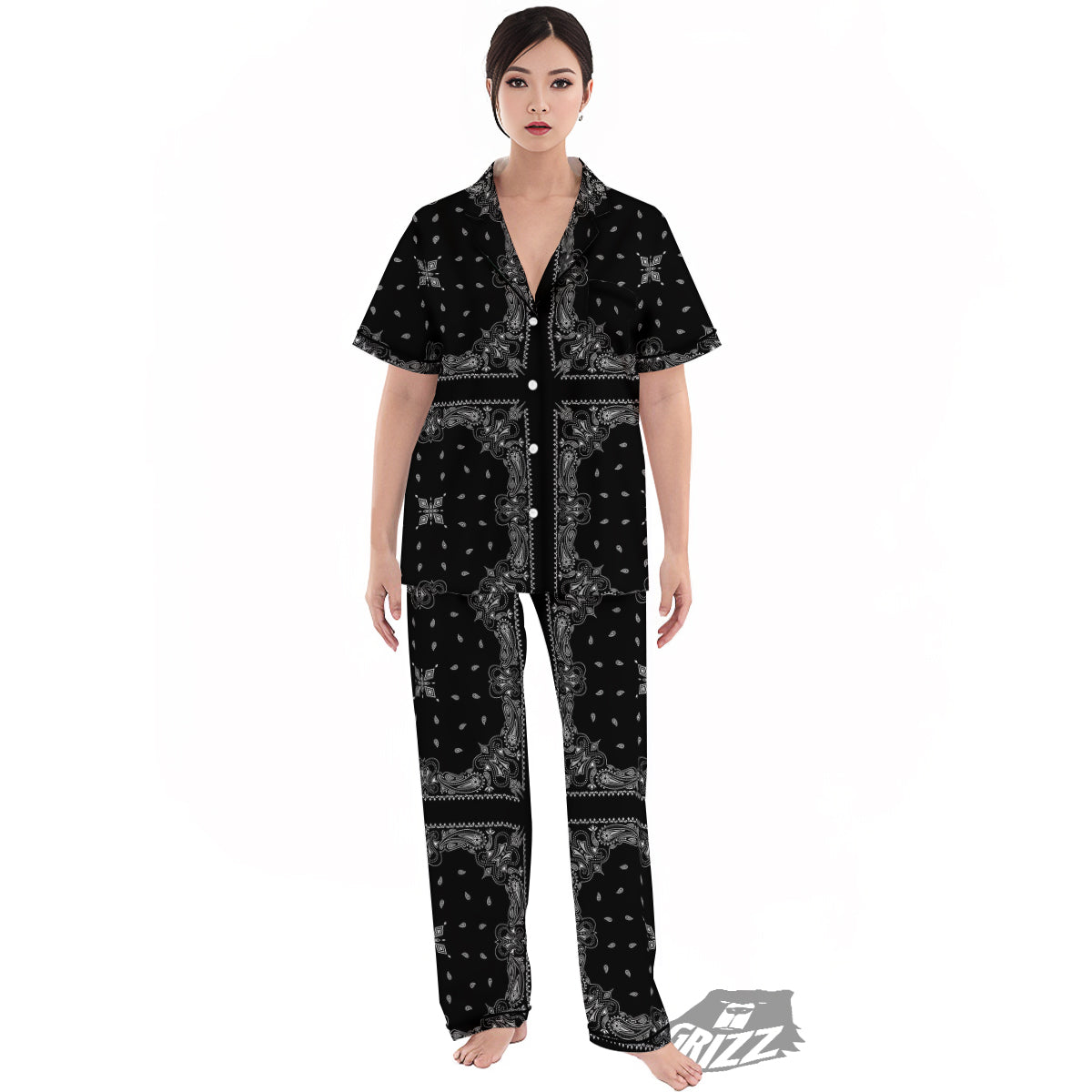 Paisley Bandana Black And White Print Pattern Women's Pajamas Set-grizzshop