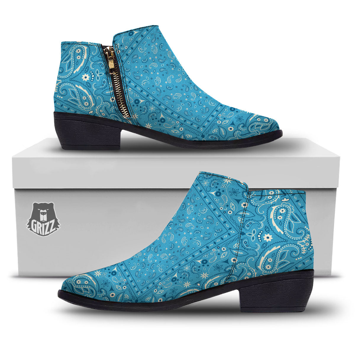 Paisley Bandana Light Blue Print Ankle Boots-grizzshop