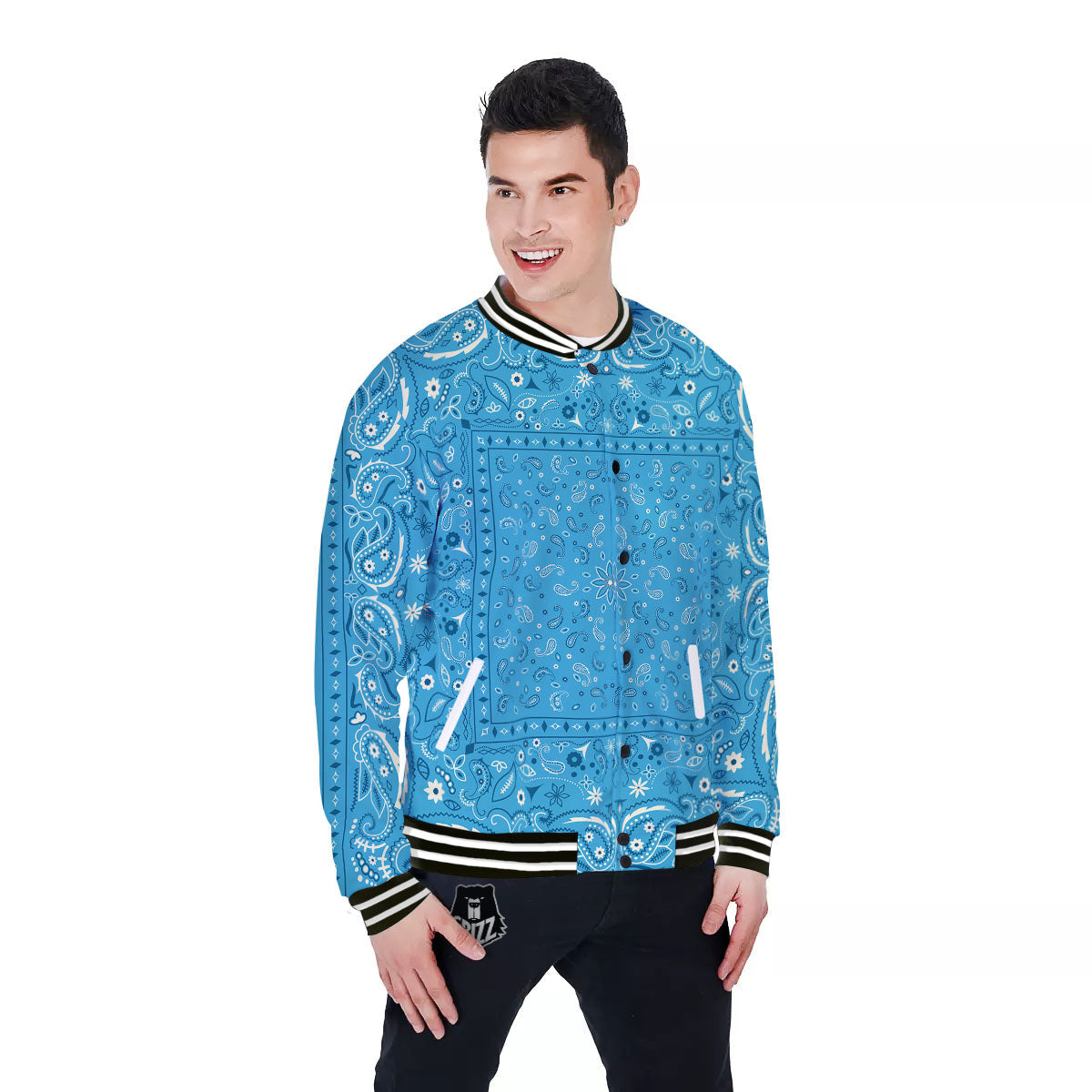 Paisley Bandana Light Blue Print Baseball Jacket-grizzshop