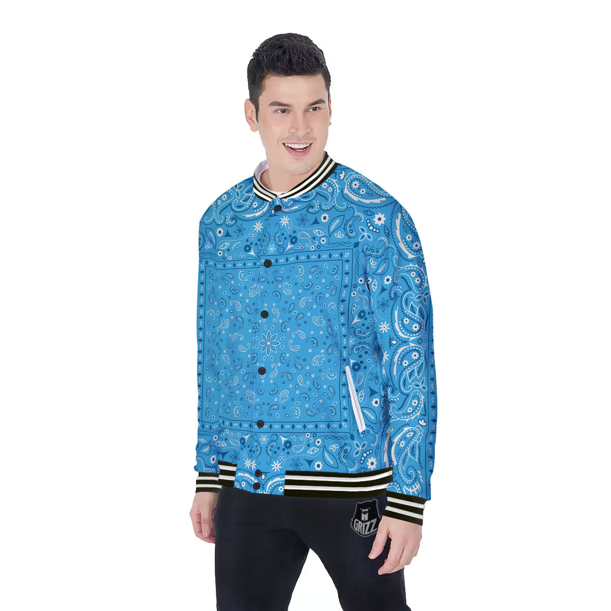 Paisley Bandana Light Blue Print Baseball Jacket-grizzshop