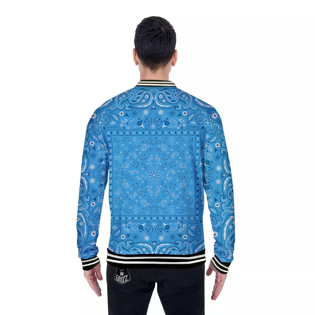 Paisley Bandana Light Blue Print Baseball Jacket-grizzshop
