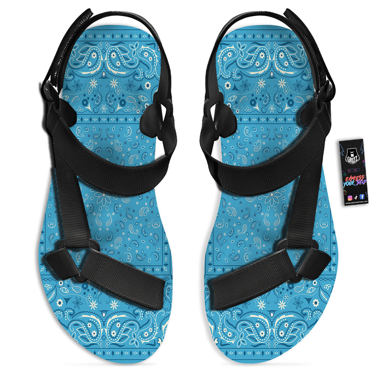 Paisley Bandana Light Blue Print Black Open Toe Sandals-grizzshop