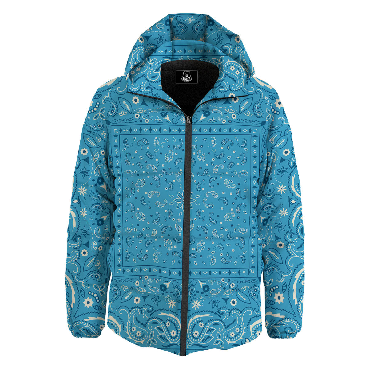 Paisley Bandana Light Blue Print Down Jacket-grizzshop