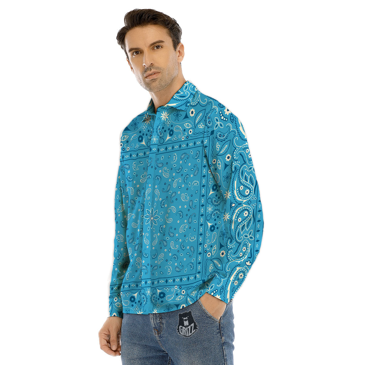 Paisley Bandana Light Blue Print Men's Dress Shirts-grizzshop